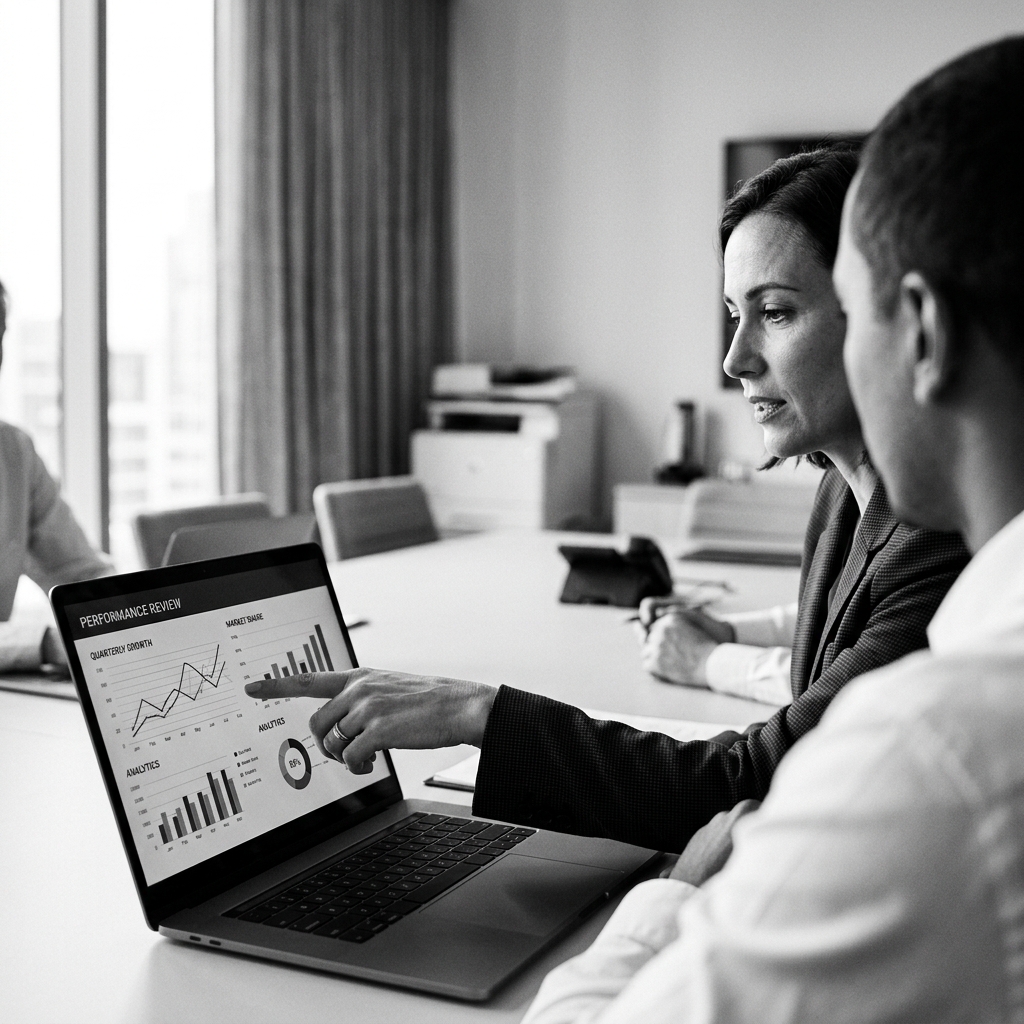 Consultor corporativo analizando datos